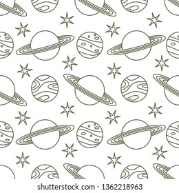 Seamless vector pattern with planets, Saturn, stars. Space exploration. Astronomy. Science. Design for astronomy apps, websites, print.