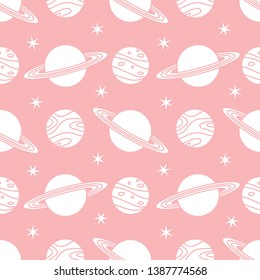 Seamless vector pattern with planets, Saturn, stars. Space exploration. Astronomy. Science. Design for astronomy apps, websites, print.