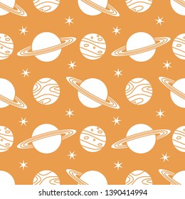 Seamless vector pattern with planets, Saturn, stars. Space exploration. Astronomy. Science. Design for astronomy apps, websites, print.