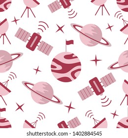 Seamless vector pattern with planets, Saturn, stars, orbital station, radar. Space exploration. Astronomy. Science. Design for astronomy apps, websites, print.