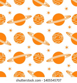 Seamless vector pattern with planets, Saturn, stars. Space exploration. Astronomy. Science. Design for astronomy apps, websites, print.