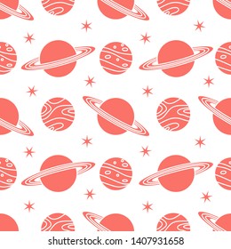 Seamless vector pattern with planets, Saturn, stars. Space exploration. Astronomy. Science. Design for astronomy apps, websites, print.