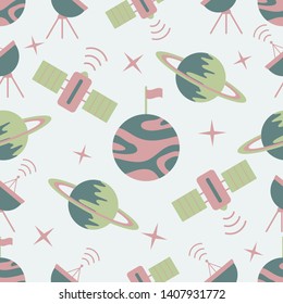 Seamless vector pattern with planets, Saturn, stars, orbital station, radar. Space exploration. Astronomy. Science. Design for astronomy apps, websites, print.