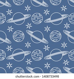 Seamless vector pattern with planets, Saturn, stars. Space exploration. Astronomy. Science. Design for astronomy apps, websites, print.