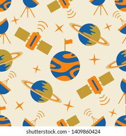 Seamless vector pattern with planets, Saturn, stars, orbital station, radar. Space exploration. Astronomy. Science. Design for astronomy apps, websites, print.