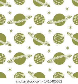 Seamless vector pattern with planets, Saturn, stars. Space exploration. Astronomy. Science. Design for astronomy apps, websites, print.