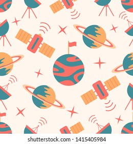 Seamless vector pattern with planets, Saturn, stars, orbital station, radar. Space exploration. Astronomy. Science. Design for astronomy apps, websites, print.