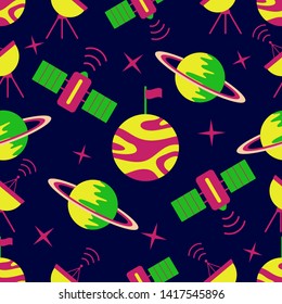 Seamless vector pattern with planets, Saturn, stars, orbital station, radar. Space exploration. Astronomy. Science. Design for astronomy apps, websites, print.