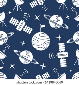 Seamless vector pattern with planets, Saturn, stars, orbital station, radar. Space exploration. Astronomy. Science. Design for astronomy apps, websites, print.