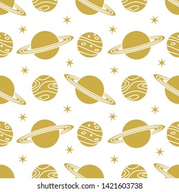 Seamless vector pattern with planets, Saturn, stars. Space exploration. Astronomy. Science. Design for astronomy apps, websites, print.