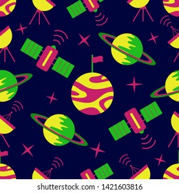Seamless vector pattern with planets, Saturn, stars, orbital station, radar. Space exploration. Astronomy. Science. Design for astronomy apps, websites, print.
