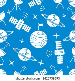 Seamless vector pattern with planets, Saturn, stars, orbital station, radar. Space exploration. Astronomy. Science. Design for astronomy apps, websites, print.