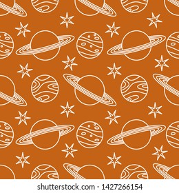 Seamless vector pattern with planets, Saturn, stars. Space exploration. Astronomy. Science. Design for astronomy apps, websites, print.