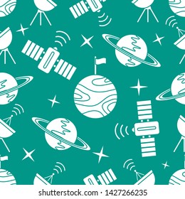 Seamless vector pattern with planets, Saturn, stars, orbital station, radar. Space exploration. Astronomy. Science. Design for astronomy apps, websites, print.