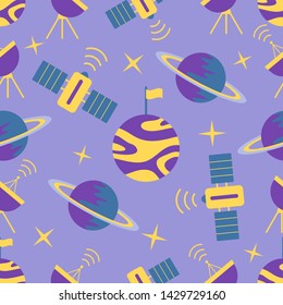 Seamless vector pattern with planets, Saturn, stars, orbital station, radar. Space exploration. Astronomy. Science. Design for astronomy apps, websites, print.