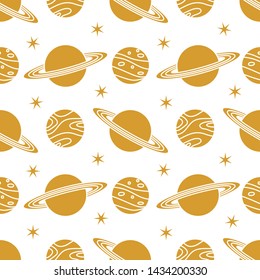 Seamless vector pattern with planets, Saturn, stars. Space exploration. Astronomy. Science. Design for astronomy apps, websites, print.