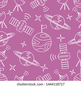 Seamless vector pattern with planets, Saturn, stars, orbital station, radar. Space exploration. Astronomy. Science. Design for astronomy apps, websites, print.