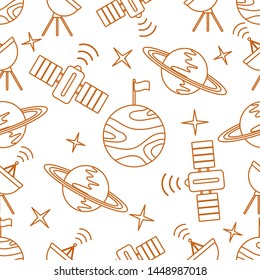 Seamless vector pattern with planets, Saturn, stars, orbital station, radar. Space exploration. Astronomy. Science. Design for astronomy apps, websites, print.