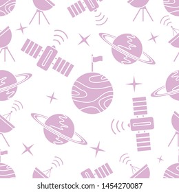 Seamless vector pattern with planets, Saturn, stars, orbital station, radar. Space exploration. Astronomy. Science. Design for astronomy apps, websites, print.