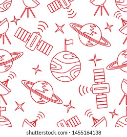 Seamless vector pattern with planets, Saturn, stars, orbital station, radar. Space exploration. Astronomy. Science. Design for astronomy apps, websites, print.