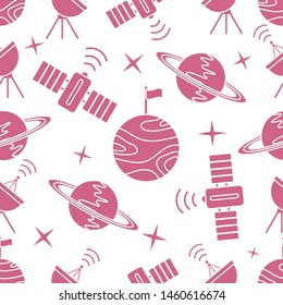Seamless vector pattern with planets, Saturn, stars, orbital station, radar. Space exploration. Astronomy. Science. Design for astronomy apps, websites, print.