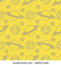 Seamless vector pattern with planets, Saturn, stars. Space exploration. Astronomy. Science. Design for astronomy apps, websites, print. Illuminating and Ultimate Gray.