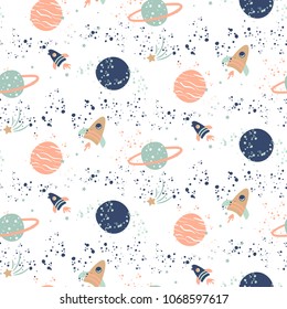 Seamless vector pattern with planets and spaceships.
