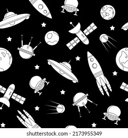 Seamless vector pattern with planets, spaceships and stars. Background, wallpaper, textile, cover, poster.