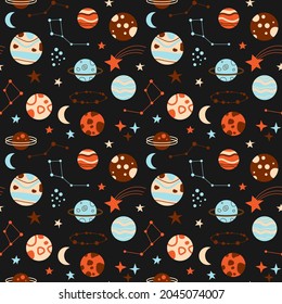 Seamless vector pattern with planets and stars. Space illustrations.