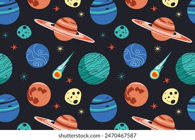 Seamless vector pattern with planets and stars. Space in flat cartoon style. Universe illustrations. Celestial bodies like Saturn, Jupiter, Mars. Astronomy educational materials for kids