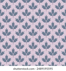 
Seamless vector pattern with plant motif. Simple geometric vector pattern of gray-blue branches with leaves on a pinkish-lilac background.