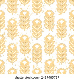 
Seamless vector pattern with plant motifs. Stylized white and yellow sunflowers. Splashes of paint and specks.