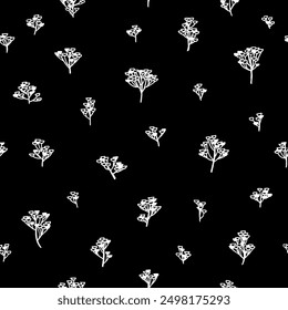 Seamless vector pattern with plant motifs. Hand-drawn white inflorescences on a black background.