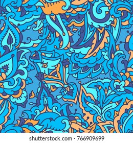 Seamless vector pattern with plant motifs. Pattern in blue shades, with flowers and leaves. Textile ornament with floral elements.