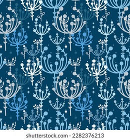 Seamless vector pattern of plant umbrellas, bunches, inflorescences and seeds.