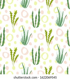 Seamless vector pattern with plants, dots and circles