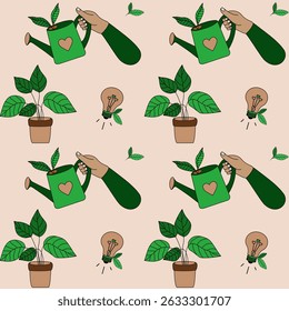 Seamless vector pattern with plants, eco light bulbs, and watering hands on beige background. Perfect for eco brands, packaging, and lifestyle design.