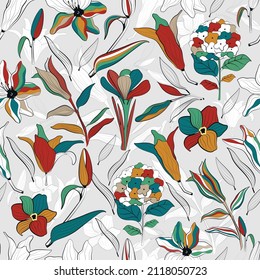 Seamless vector pattern with plants and flowers in retro style on a gray background.