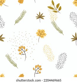 Seamless vector pattern with plants, leaves, fall leaves, maple leaf, twigs, twigs, autumn vibes, suitable for Thanksgiving, Halloween.