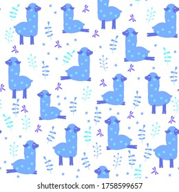 Seamless vector pattern with plants and llamas.