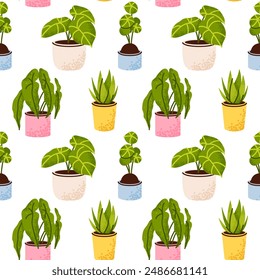 Seamless vector pattern of plants in pots isolated on white background