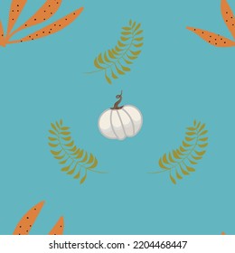 Seamless vector pattern with plants, pumpkin, leaves, fall leaves, autumn vibes, suitable for Thanksgiving, Halloween.