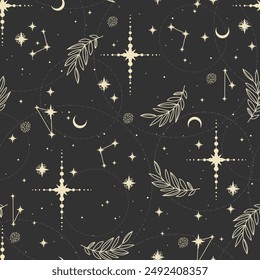 Seamless vector pattern with plants, stars, crescent. Boho pattern for astrology, textiles, wrapping paper, design.