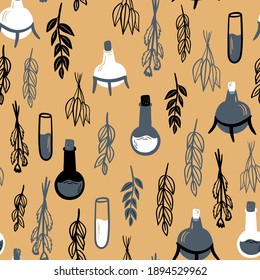 Seamless vector pattern with plants and test tube. Alchemy, potions on beige background