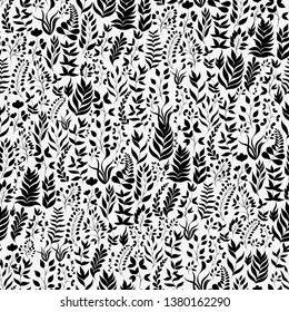 Seamless vector pattern with plants and twigs in black and white