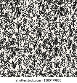 Seamless vector pattern with plants and twigs in black and white