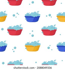 Seamless vector pattern of plastic basin with soap suds. Bowl with water. Washing clothes, cleaning equipment flat style