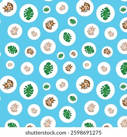 Seamless Vector Pattern of Playful Cartoon Monkeys, Green Leaves, and Blue Circles