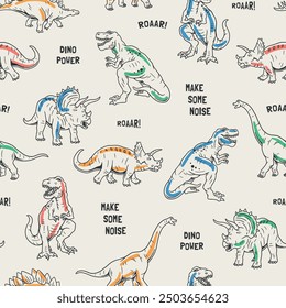 Nahtloses Vektormuster mit verspielten Dinosauriern wie T-Rex und Triceratops, mit Textelementen wie "Roar!" und "Dino Power". Perfekt für Kinderbekleidung, Tapeten und Designs mit Motiven.