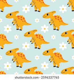 Seamless vector pattern with playful dinosaurs . Perfect for kids apparel, wallpapers, and themed designs. Hand drawn cute dinosaur .